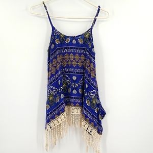 Love Medium Blue gold boho floral tanktop cream lace trim summer flowy cute
